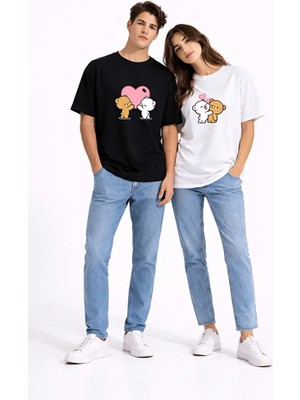 Nevermind Sevgili Kombini Ayıcık Kalp Baskılı Çift Tişört Oversize Unisex Partner Kombin Seti
