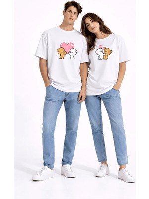 Nevermind Sevgili Kombini Ayıcık Kalp Baskılı Çift Tişört Oversize Unisex Partner Kombin Seti