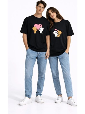 Nevermind Sevgili Kombini Ayıcık Kalp Baskılı Çift Tişört Oversize Unisex Partner Kombin Seti