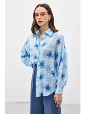 Sateen Kolu Katlamalı Ince Gömlek - Mavi