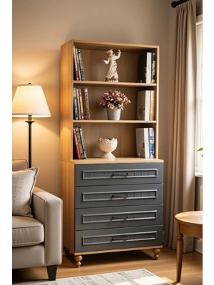 Ozan Çekmeceli Şifonyer & Kitaplık Set | %100 MDF  | Ağaç Ayaklar | REHAU Kaplama Membran Kapaklar