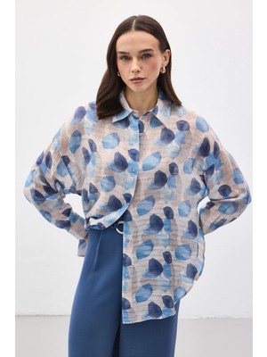 Sateen Kolu Katlamalı Ince Gömlek - Mavi