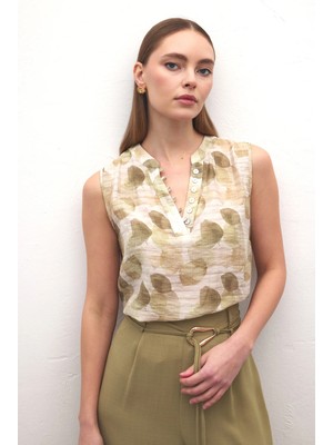 Sateen Kolsuz V Yaka Bluz - Haki