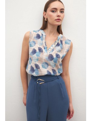 Sateen Kolsuz V Yaka Bluz - Mavi