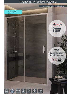 Monaqua Arteko Duşakabin Ön Cephe, 1 Sabit 1 Kayar - Parlak Eloksal Alüminyum Profil - Şeffaf 5mm Cam