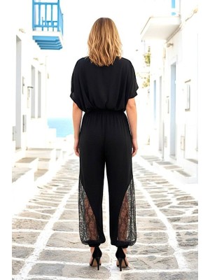 Meğdaix Kadın Dantel Detay Keten Kumaş Beli Lastikli Pantolon