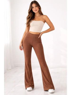 Pusula Sepeti Fitilli Kaşkorse Ispanyol Paça Tayt Yüksek Bel Esnek Günlük Rahat Pantolon - Kahverengi