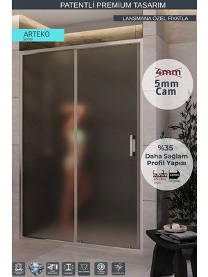 Monaqua Arteko Duşakabin Ön Cephe, 1 Sabit 1 Kayar - Parlak Eloksal Alüminyum Profil - Satine Buzlu 5mm Cam