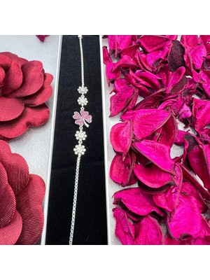 Victoria 925 Ayar Gümüş Pembe Taşlı Yonca Bileklik – Zirkon Taşlı Şans Yoncası Kadın Bileklik