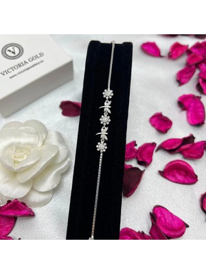 Victoria 925 Ayar Gümüş Çiçek ve Yusufçuk Figürlü Kadın Bileklik – Zirkon Taşlı Zarif Tasarım