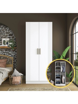 Rani BA222 Membran Kapaklı Gardırop 2 Kapaklı 6 Raflı 2 Askılı Elbise Dolabı Beyaz