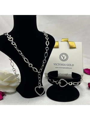 Victoria 925 Ayar Gümüş Kalp Figürlü Kolye ve Bileklik Seti – Zirkon Taşlı Şık Takı Seti