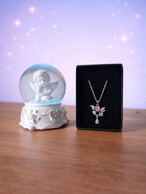 Rüya Kıyısı Orta Boy Işıklı Melek Kar Küresi & Pinterest Süslemeli Çiçek Detaylı Kolye – Vintage Hediye Seti