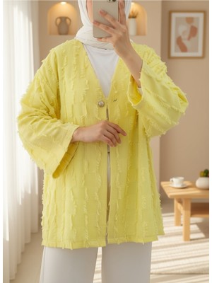 Modamorfo Saçaklı Tek Düğmeli Kare Desenli Kimona -Sarı