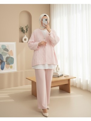 Modamorfo Saçaklı Tek Düğmeli Kare Desenli Kimona -Pudra