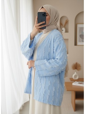 Modamorfo Saçaklı Tek Düğmeli Kare Desenli Kimona -Bebe Mavi