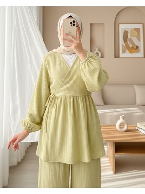 Modamorfo Içten Bağlamalı Tunik Bol Paça Pantolonlu Takım -Yağ Yeşili