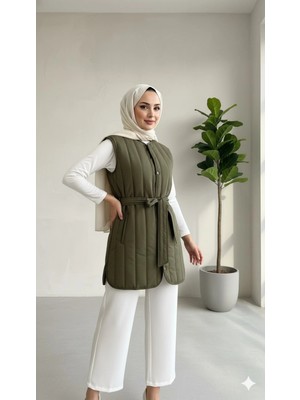 Lavrisa Crinkle Kumaş Kuşaklı Kapitone Yelek