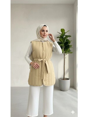 Lavrisa Crinkle Kumaş Kuşaklı Kapitone Yelek