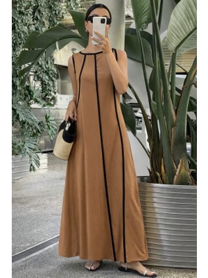 Munn Collection Kadın Omuzlardan Açık Yaka Ince Şerit Detaylı Uzun Viskon Elbise