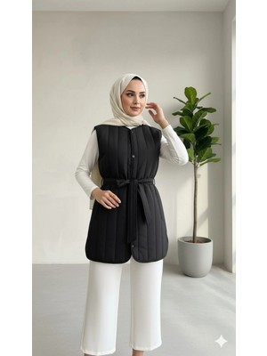 Lavrisa Crinkle Kumaş Kuşaklı Kapitone Yelek