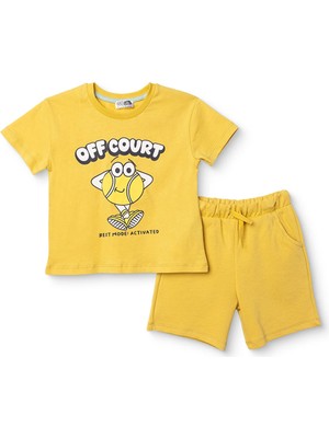 Hellobaby Erkek Bebek Tişört-Şort Slogan Baskılı Bağcıklı Bebe Yaka Kısa Kol Reçme