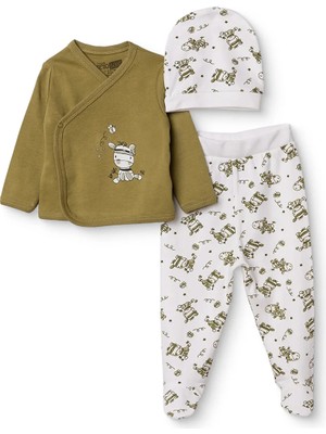 Hellobaby Erkek Bebek Zıbın-Şapka-Alt Hayvan Baskılı Çıtçıtlı V Yaka Uzun Kol Patikli