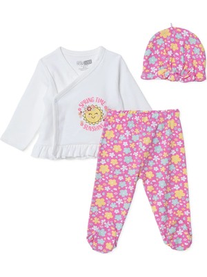 Hellobaby Kız Bebek Zıbın-Şapka-Alt Çiçek Baskılı Çıtçıtlı V Yaka Uzun Kol Patikli