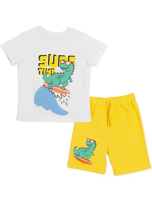 Hellobaby Erkek Bebek Tişört-Şort Dinozor Baskılı Bağcıklı Bisiklet Yaka Kısa Kol Reçme