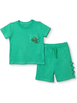 Hellobaby Erkek Bebek Tişört-Şort Dinozor Baskılı Bisiklet Yaka Kısa Kol Reçme