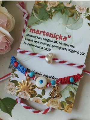 Amabel Jewelerys Nazar Boncuk, Harf ve Güneş Charmlı Kartlı 2'li Marteniçka Bileklik (Marteniçka Ipi Hediyeli)
