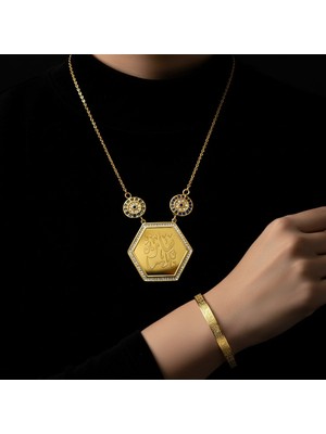 TrendyX Maşallah Yazılı Kolye ve Ayetel Kürsi Bileklik Seti Gold Çelik Islami Takı