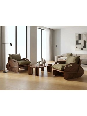 Cell Ahşap Yeşil Çay Seti Koltuk Takımı, Modüler Çay Takımı, 2+1, 2 Berjer 1 Orta Sehpa Takım