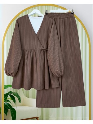 Modamorfo Içten Bağlamalı Tunik Bol Paça Pantolonlu Takım -Kahve