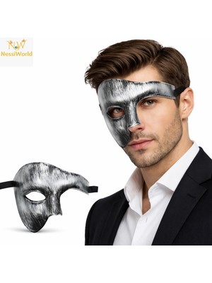 NessiWorld Antik Eskitme Gümüş Erkek Parti Maskesi Yarım Yüz