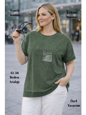 XCEDY Cedy - Kadın Özel Tasarım Esnek, Pul Payet, Dantel Detaylı Yıkamalı Büyük Beden Tişört