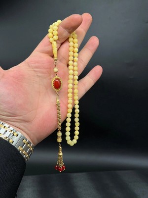 Premium 99’lu Kaya Damla Kehribar Tesbih Özel Mercan Taşlı Püskül