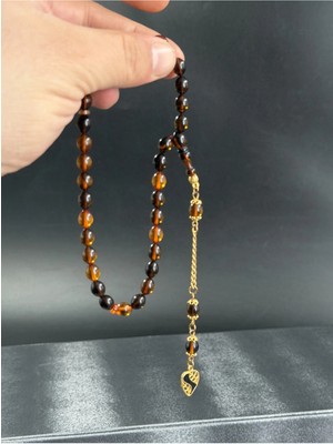 Bilekboy Hareli Sıkma Kehribar Tesbih 14K Altın Kaplama Püskül