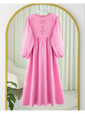 Modamorfo Önü Fiyonk Detaylı Kolları Lastikli Müslin Elbise -Pembe