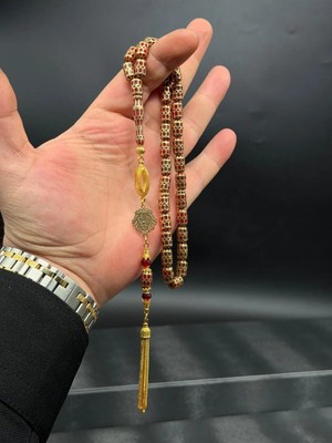 Premium 14K Altın Işleme Kafes Ateş Kehribar Tesbih Aslan Fiğürlü 22K Altın Püskül Tasarımlı