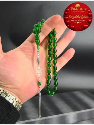 Sevgililer Günü Koleksiyonu Zümrüt Yeşil Kişiye Özel Isim Tasarım ile Nadir Renk Ateş Kehribartesbih