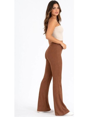Pileli Store Kadın Fitilli Kaşkorse Ispanyol Paça Tayt Yüksek Bel Esnek Günlük Rahat Pantolon - Kahverengi