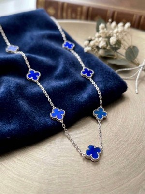 Meneva Aksesuar Mavi Mineli 7’li Minik Yapraklı Yonca Gümüş Silver Renk Paslanmaz Çelik Kolye