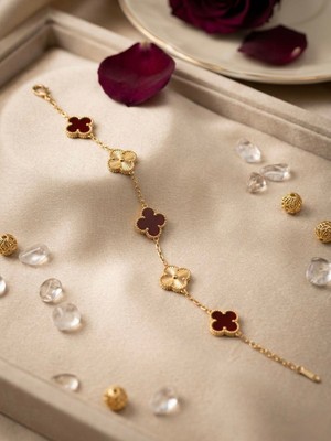 Meneva Aksesuar Bordo Mineli 5'li Yonca Altın Gold Renk Zincirli Paslanmaz Çelik Bileklik