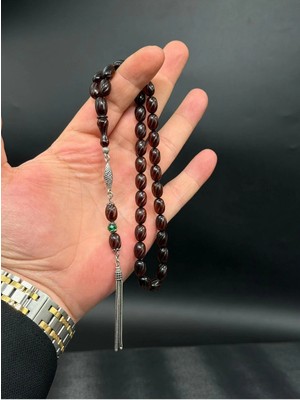 Premium Fasate Işçikli Işık Yansımalı Ateş-I Sıkma Kehribar Tesbih 925K Gümüş