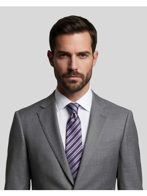 1001 Kravat Gri Çizgili 7,5 cm Genişliğinde Ipek Kravat