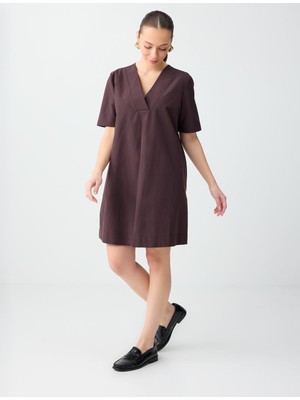 Jimmy Key Acı Kahve Rahat Kesim Kısa Kollu V Yaka Dokuma Mini Elbise