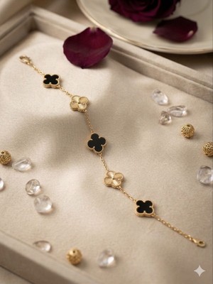 Meneva Aksesuar Siyah Mineli 5’li Yonca Altın Gold Renk Zincirli Paslanmaz Çelik Bileklik