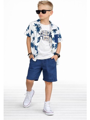 Bambam Erkek Çocuk 3 Parça Müslin Takım Palmiye Desenli Gömlek Baskılı Tişört Şort Kombin 11615LA