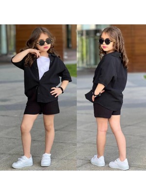 Rapapa Kız Çocuk Siyah  Müslin 3 Parça Takım – Gömlek, Şort ve Atlet Yazlık Rahat Kombin 7002